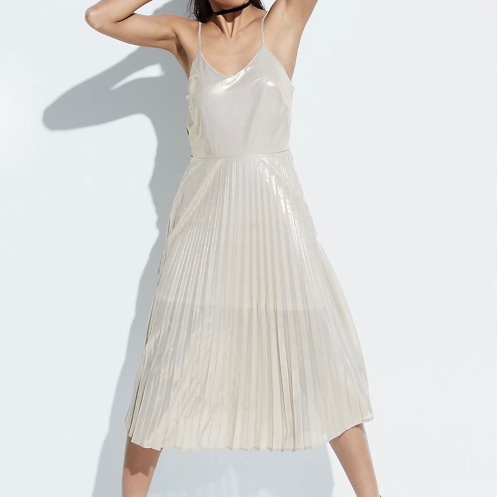 NWT k/lab Pleated V-Neck Metallic Gold Midi Dress, Small